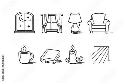 Cozy ambiance icons set. containing window, curtain, lamp, armchair, mug, book, candle, sunlight and more.