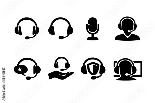 Customer support icon set. containing headset, microphone, operator, call center, communication, support, help, telecommunication, customer service, contact.