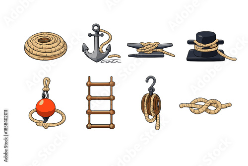 Nautical and seamanship icon set. containing rope, anchor, knot, buoy, cleat, bollard, ladder, pulley, hitch.