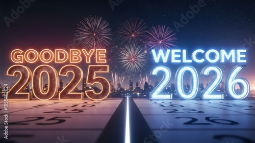 Winter road leading to Welcome 2025 sign, fireworks sky, cinematic holiday scene