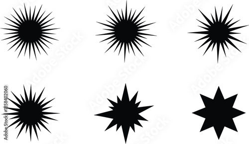 Black Silhouette Vector Icon Set Representing Geometric Starbursts Radiant Sparks Highlighting Accents Flash Effects and Professional Design Emphasis Symbols