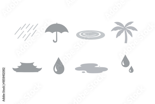 Weather and nature icon set. containing rain, umbrella, pond, palm tree, pagoda, droplet, puddle and more.