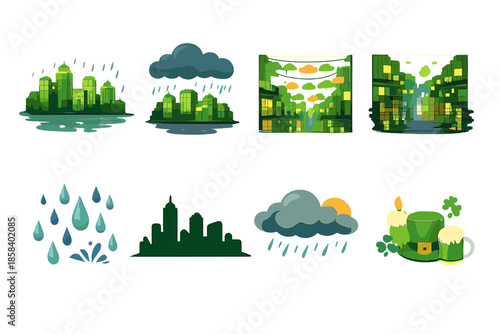 St. patrick's day icons set. containing shamrock, leprechaun, hat, rainbow, coin, beer, and more.