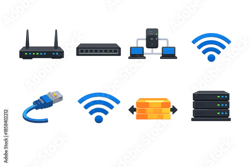 Network and connectivity icon set. containing wi-fi, router, server, switch, cable, modem, laptop, data, hub and more.