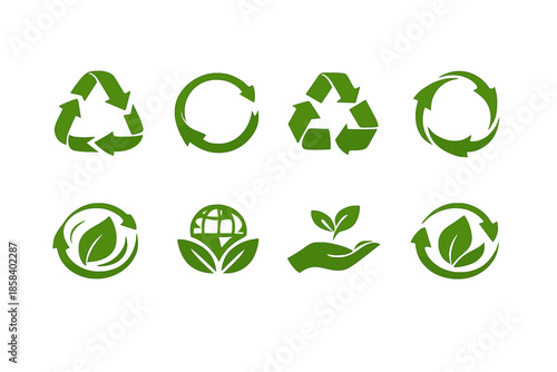 Recycling and sustainability icon set. containing recycle, reuse, eco, environment, green, leaf, earth, and nature.