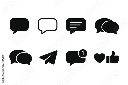 Communication and social media icons set. includes chat bubble, message, comment, conversation, paper plane, notification, heart, thumbs up.