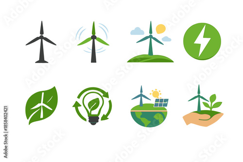 Renewable energy icon set. containing wind turbine, solar panel, eco-friendly, sustainability, recycling, earth, and more.