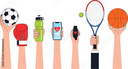 Hands Holding Sports Equipment and Fitness Gear Vector Set Including Football, Tennis Racket, and Smartwatch.