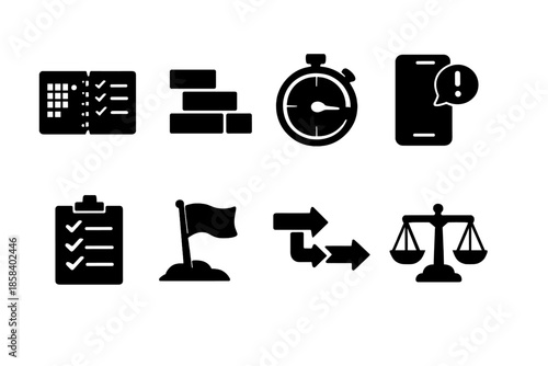 Productivity and business icon set. containing calendar, chart, timer, alert, checklist, flag, exchange, scale, and more.