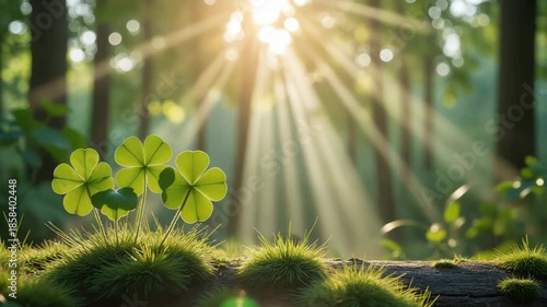 Lucky Clover – Sunlit Forest Scene with Four-Leaf Clover for Nature Documentaries and Inspirational Content
