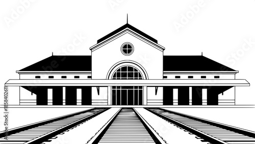Minimalist Train Station Poster
A stark black-and-white minimalist illustration of a symmetrical train station, featuring a gabled roof, arched doorway, circular window, and linear railway tracks lead