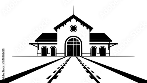 Minimalist Train Station Poster
A stark black-and-white minimalist illustration of a symmetrical train station, featuring a gabled roof, arched doorway, circular window, and linear railway tracks lead