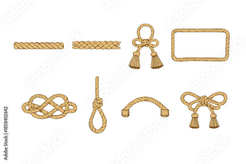 Rope elements icon set. containing rope, knot, braided, loop, cord, bow, twisted, tassel, bundle, string, coil, lasso, braid, curve, border.