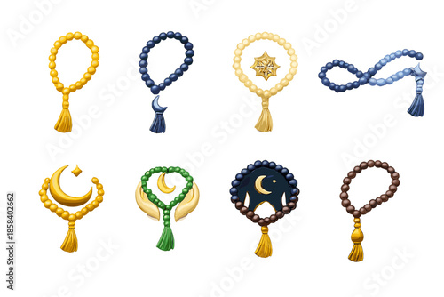 Prayer and spiritual icon set. containing rosary, crescent, moon, star, beads, meditation, faith, religion, worship, devotion.