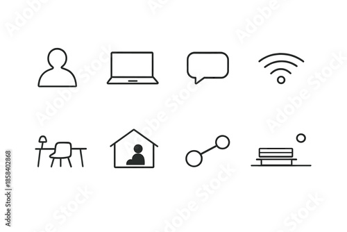 Communication and home office icon set. includes profile, laptop, chat, wifi, desk, house, network, bench, and more.