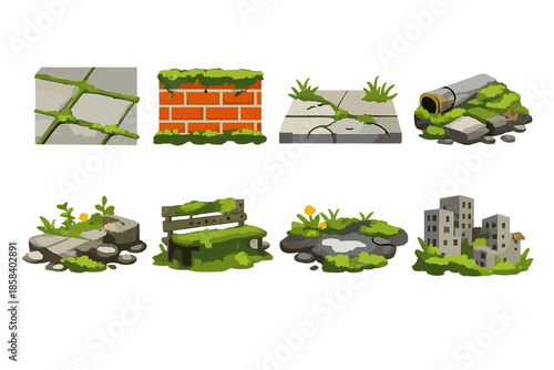 Urban nature icon set. containing mossy pavement, brick wall, cracked tiles, pipe, garden bench, pond, cityscape.