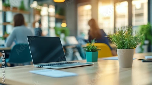 Modern Workspace Composition – Laptop and Green Plant for Business Blogs, Remote Work Presentations, and Professional Design Inspiration