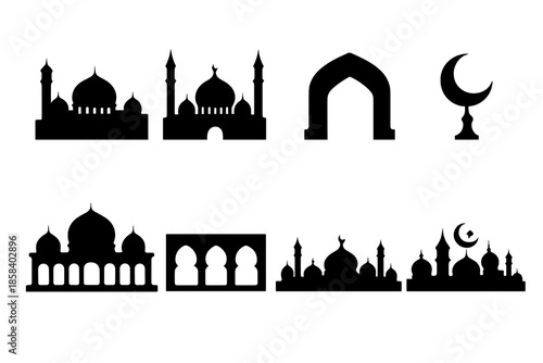Islamic architecture icon set. featuring mosque, minaret, arch, crescent, and dome designs.