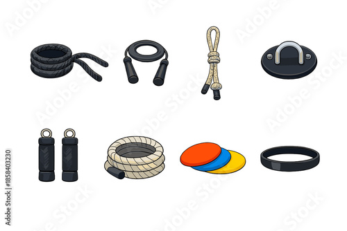 Fitness and gym equipment icon set. containing jump rope, resistance band, battle rope, gymnastics rings, and more.