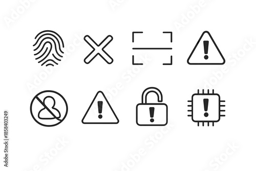 Security and alert icons set: fingerprint, error, scan, warning, prohibition, unlock, alert chip