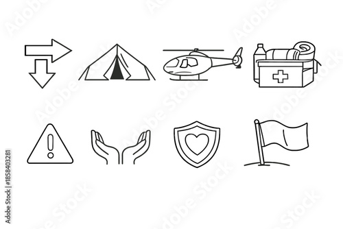 Outdoor and survival icon set. containing direction, tent, helicopter, supplies, caution, shield, flag, and more.