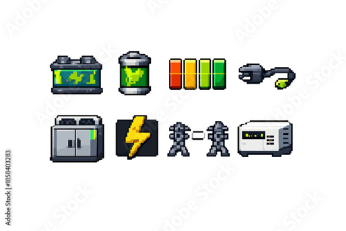 Energy and power icon set. containing battery, charger, plug, socket, gauge, generator, voltage, capacitor and more.
