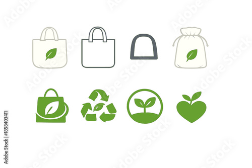 Eco-friendly icon set. containing tote bag, reusable bag, recycling, leaf, green heart, eco symbol and more.