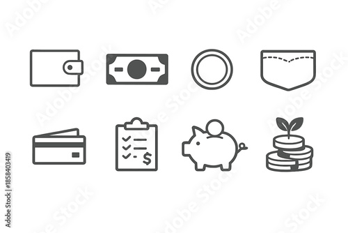 Finance and money icons set. containing wallet, cash, coin, credit card, checklist, piggy bank, pocket, and currency.