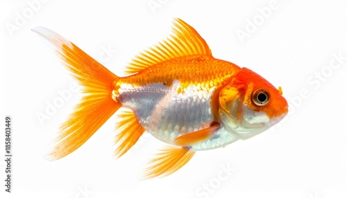 Vibrant orange and white goldfish with flowing fins and shiny scales on plain white background.