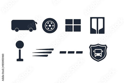 Transportation and public transit icons set. includes bus, wheel, door, stop, speed, road, and shield icons.