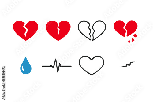 Love and emotion icon set. containing heart, broken, fracture, tear, pulse, heartbreak, and more.