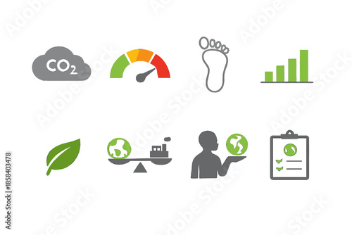 Environmental and sustainability icon set. containing co2, gauge, footprint, growth, leaf, balance, globe.