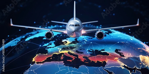 Wallpaper Mural an airplane soaring high above a glowing digitally rendered earth showcasing international connectivity and global travel possibilities high quality professional detailed Torontodigital.ca