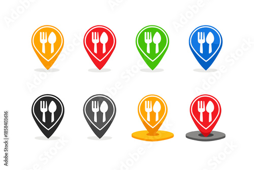 Restaurant location icon set. containing fork, spoon, pin, map, food, dining, eatery, marker, gps, locator, guide.