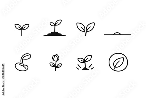 Nature and plant growth icon set. containing seedling, sprout, sapling, germination, leaf, nurture, cultivation, and more.
