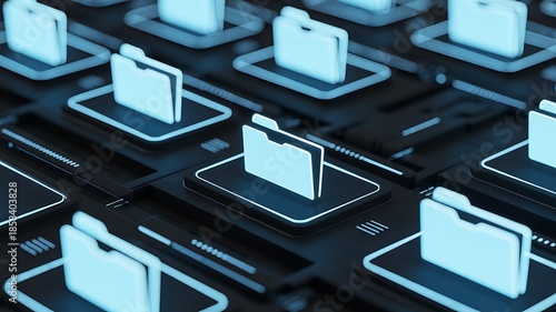 A futuristic depiction of glowing blue folder icons arranged on a dark structured grid symbolizing data organization and digital networks
