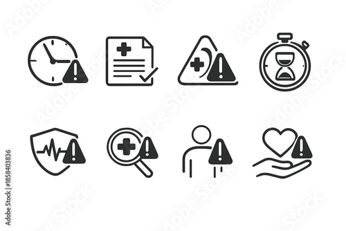 Health and alert icons set. containing clock, document, warning, stopwatch, shield, magnifying glass, user, heart.