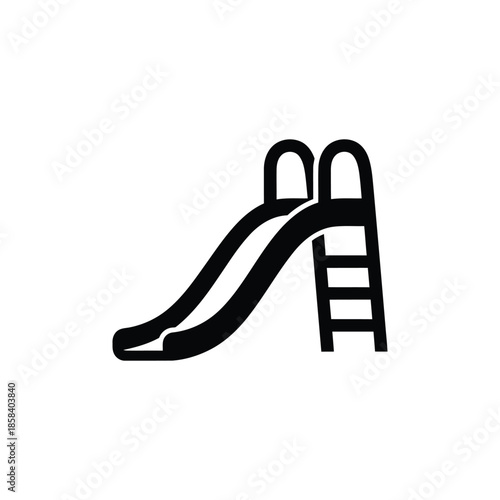 A minimalist black and white icon depicting a playground slide with a ladder