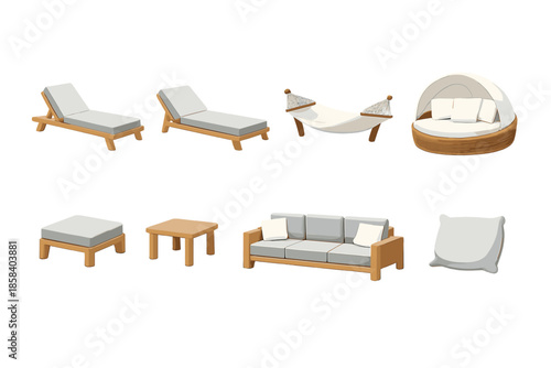 Outdoor furniture icon set. featuring sunbed, hammock, canopy bed, ottoman, sofa, cushion, table and more.