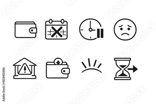 Financial and business icon set. including wallet, calendar, clock, sad face, bank, sunrise, hourglass, and more.