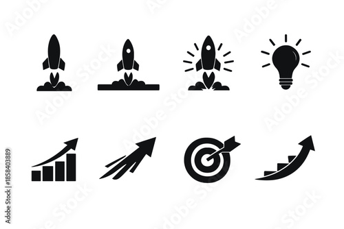 Business growth and innovation icon set. containing rocket, lightbulb, graph, target, arrow, launch, and more.