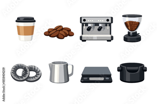 Coffee shop icon set. containing cup, beans, espresso machine, grinder, donuts, pitcher, scale, and pot.