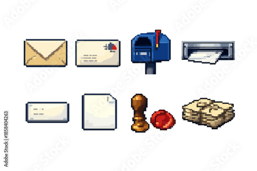 Postal and mail icon set. containing envelope, stamp, mailbox, letter, document, seal, cash, and more.