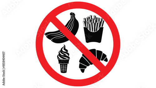 Red prohibition icon over fries and sweets indicating restricted food consumption