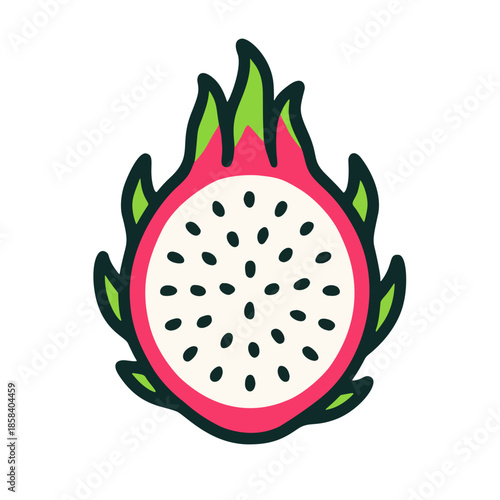 Dragon fruit (pitaya) vector icon, pink skin with green scales, cross-section view showing white flesh with seeds.