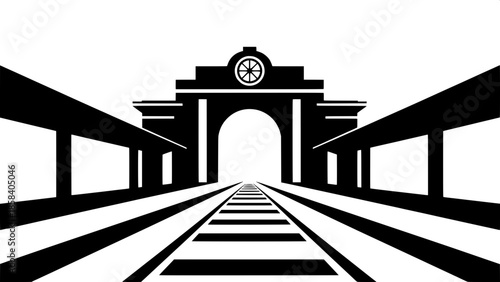 Symbolic Transit Artwork
A symbolic, minimalist train station illustration with bold black shapes on white, perfect symmetry, central archway, circular detail above the entrance, and converging railwa