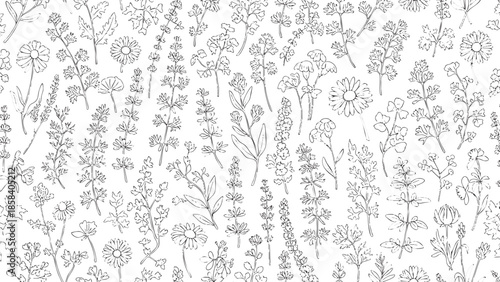 Elegant floral pattern with diverse line drawings of flowers and leaves