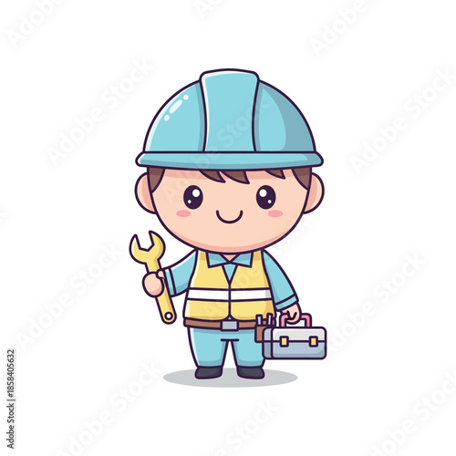 A smiling cartoon worker in a hard hat holds a wrench and toolbox outdoors.
