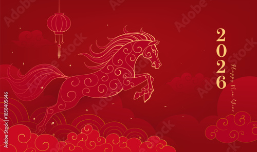 New Year's celebration banner linear layers feel Year of the horse illustration