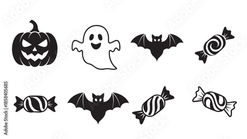 Halloween Halloween Bats Ghosts and Candies Icons Set for Spooky Holiday Decor